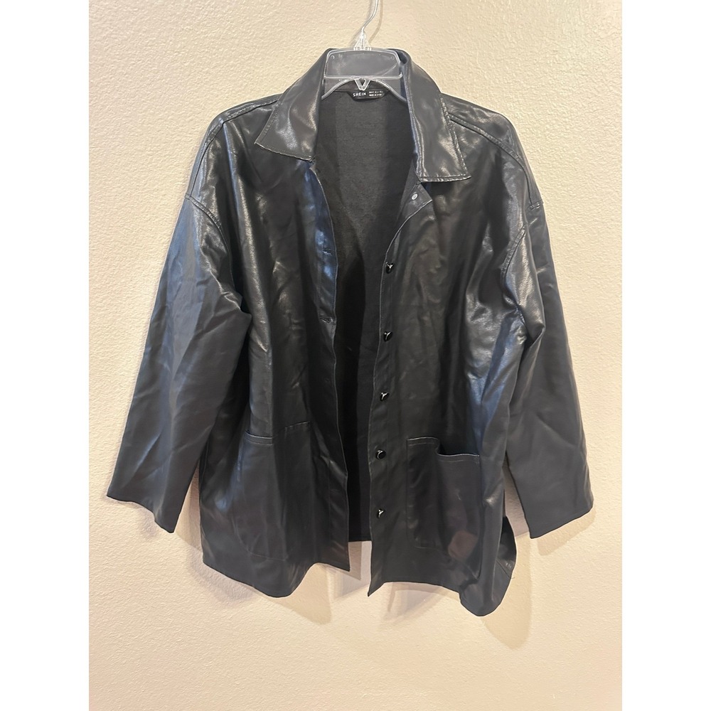 SHEIN Black‎ Faux Leather Shirt Jacket Medium Button Front Pockets